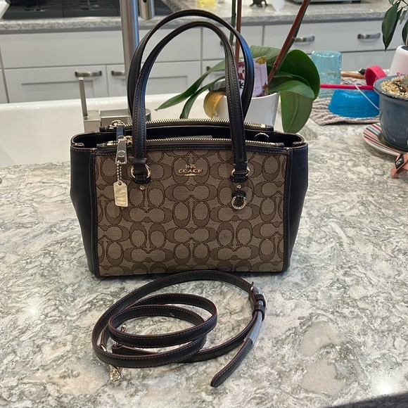 COACH BROWN SIGNATURE MINI TOTE DOUBLE SLOTS STRAP CROSSBODY EXCELLENT CONDITION - Picture 1 of 11